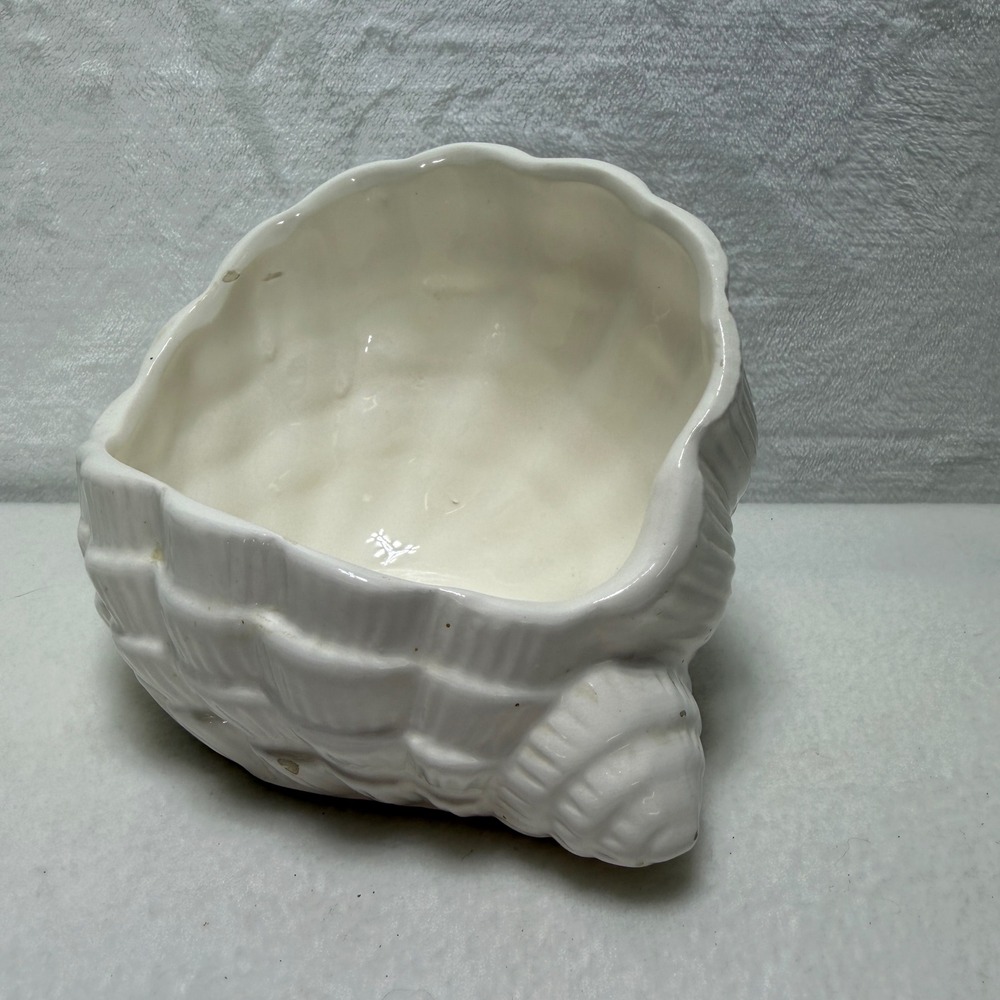 Vintage White Ceramic Shell Planter Scalloped Coastal Nautical Glazed Pot